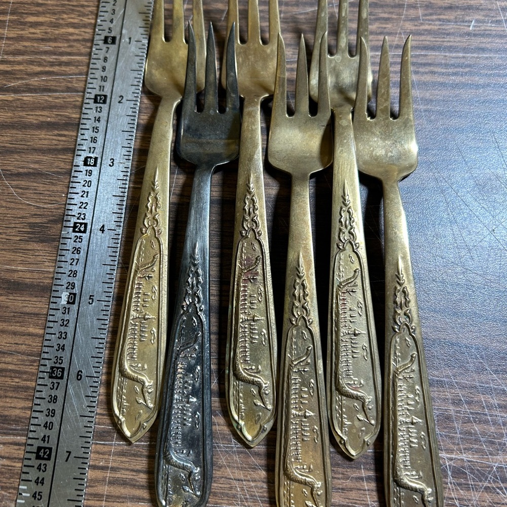 Vintage Brass Flatware Dragon Viking Ship Design Set of 6 Cocktail Shrimp Forks